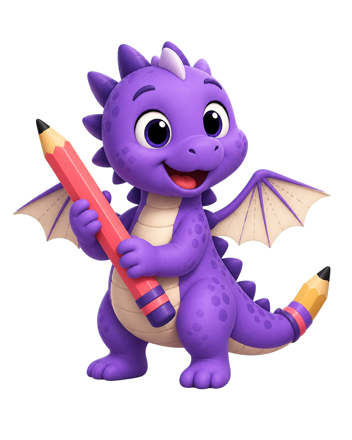 Pip the purple dragon holding a giant colored pencil.
