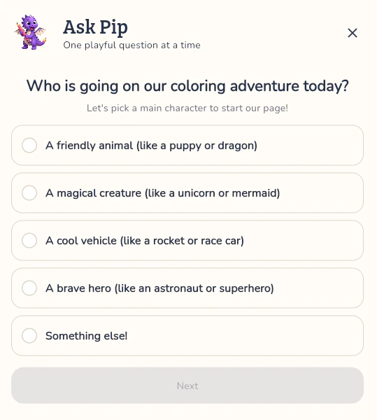 Ask Pip presenting a playful multiple-choice question about who should go on a coloring adventure.