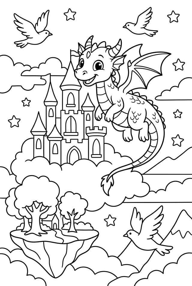 A cheerful baby dragon flying beside a castle among clouds, birds, stars, and a floating island.