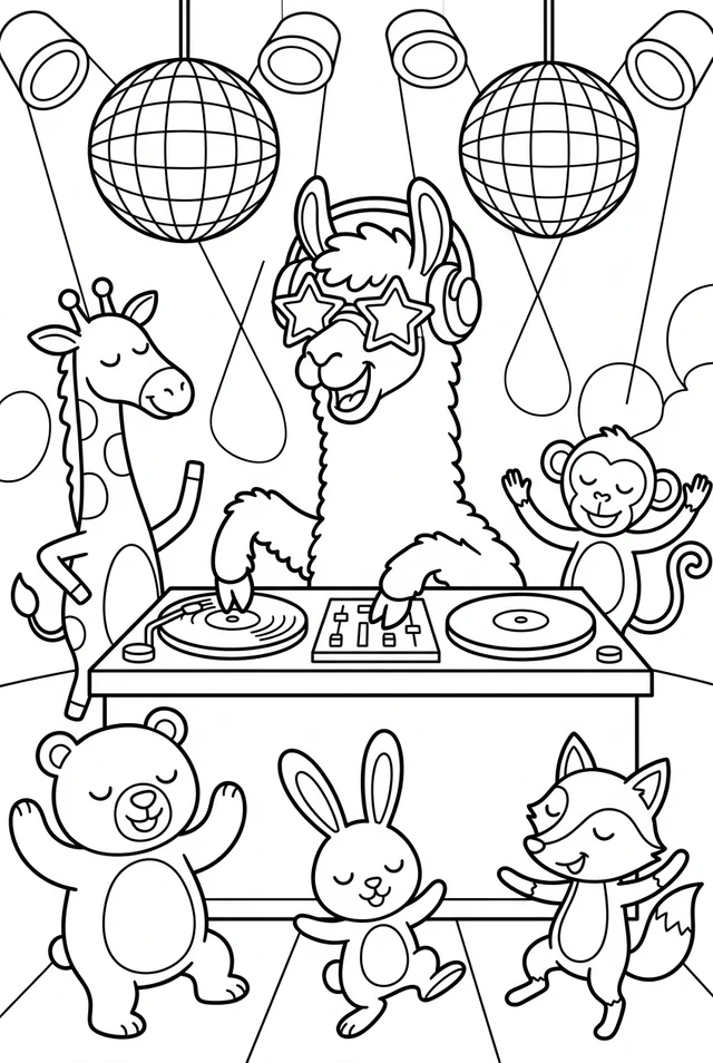 A llama DJ wearing star-shaped glasses and headphones at a dance party with animal friends.