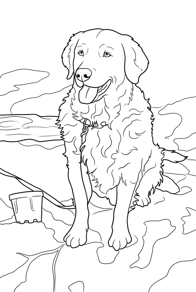 A photo-assisted coloring page of a happy long-haired dog sitting beside the water.