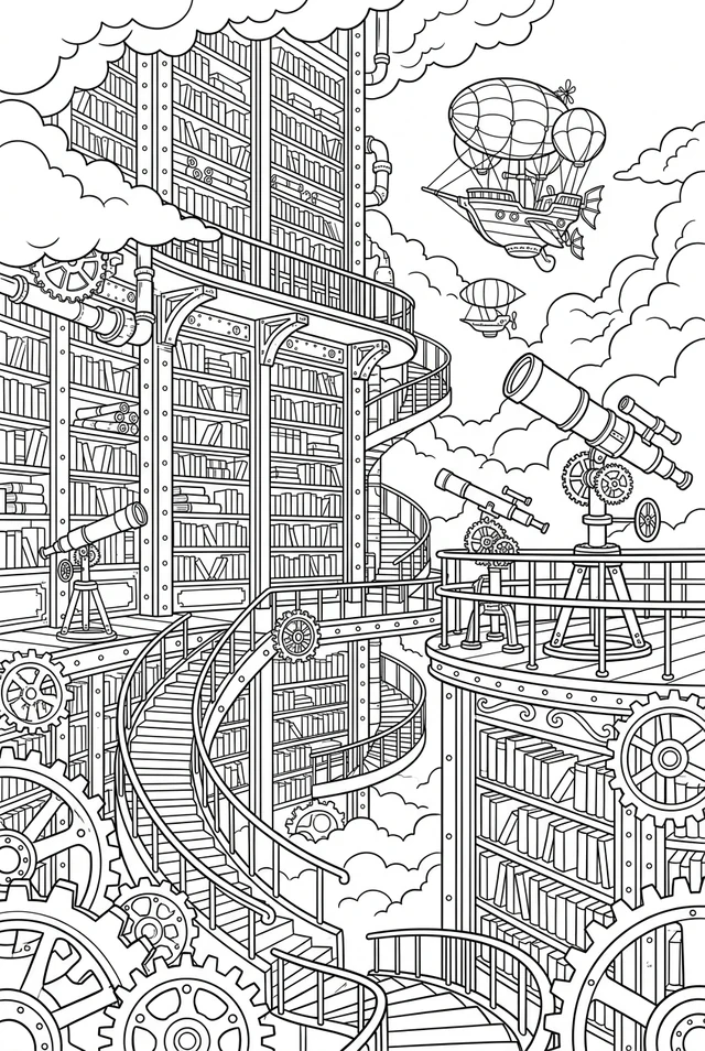 A highly detailed steampunk library in the clouds with spiral staircases, gears, telescopes, and airships.