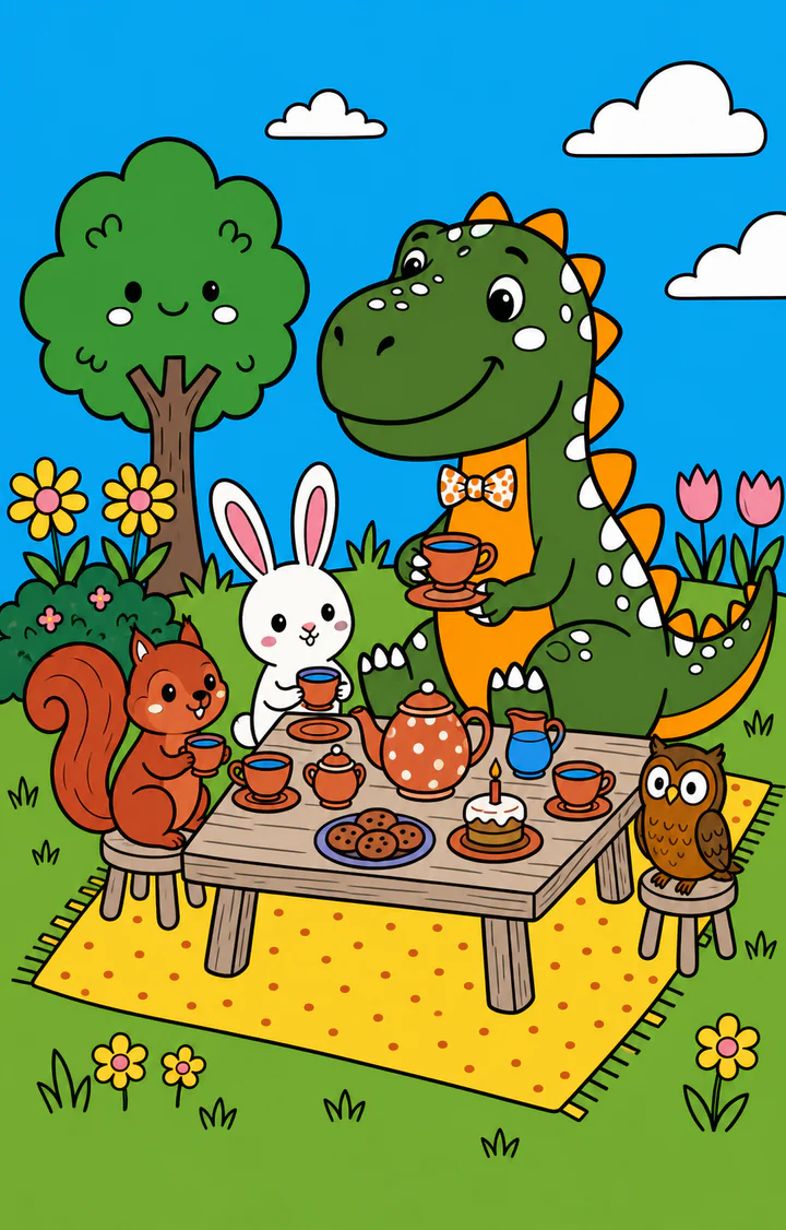 The same dinosaur garden tea party, fully colored.