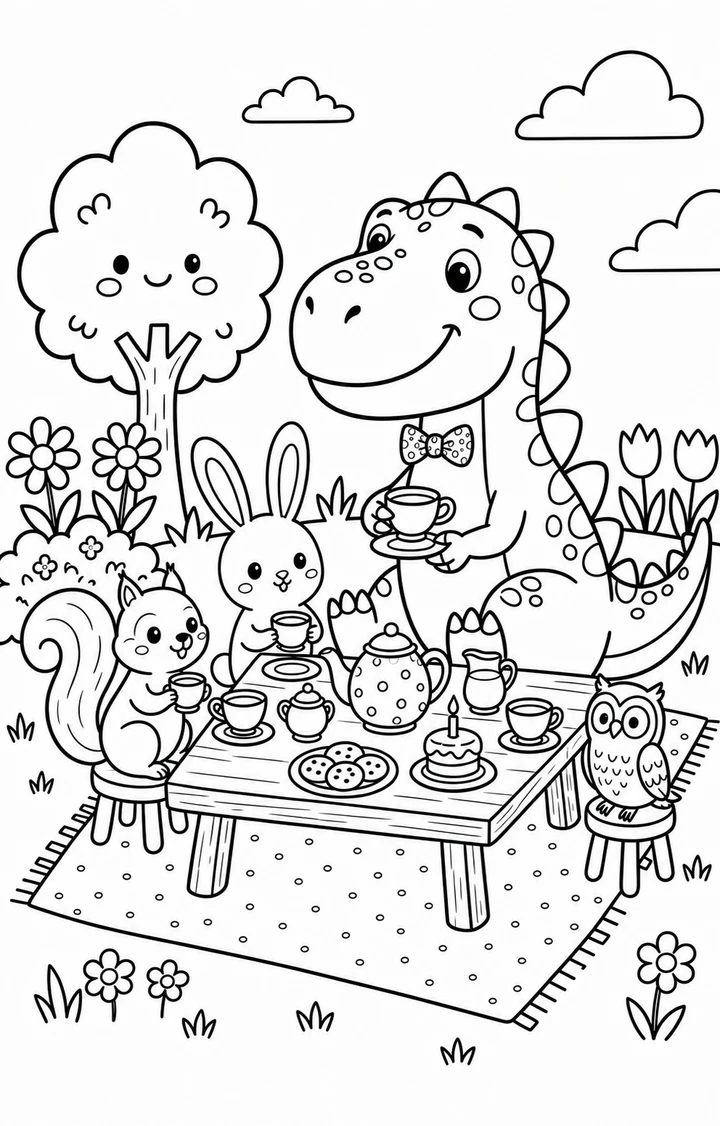 A dinosaur garden tea party shown as a printable coloring page.